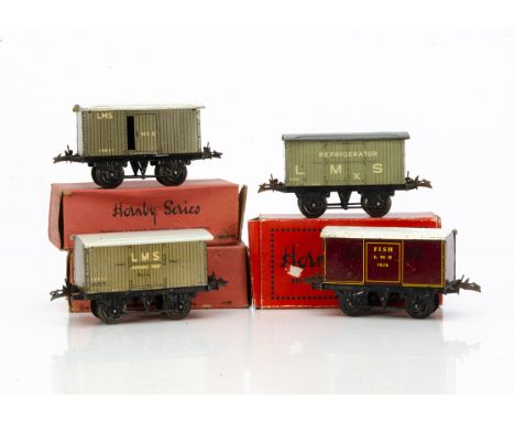 Hornby 0 Gauge No O tin-printed LMS Vans, crimson Fish van 7674, with LMS grey Meat Van 19631,  Banana van 28862, and refrige