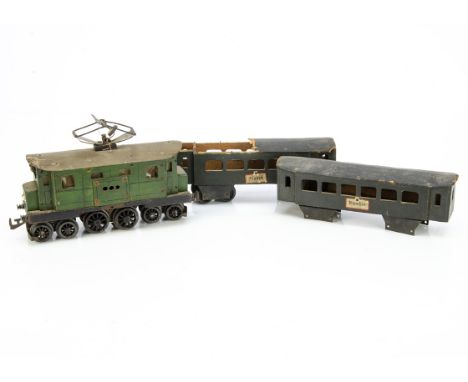 An elderly 0 Gauge 3-rail Scratchbuilt Continental-style 4-4-4 Electric Locomotive and coaches, with wooden body, pantograph 