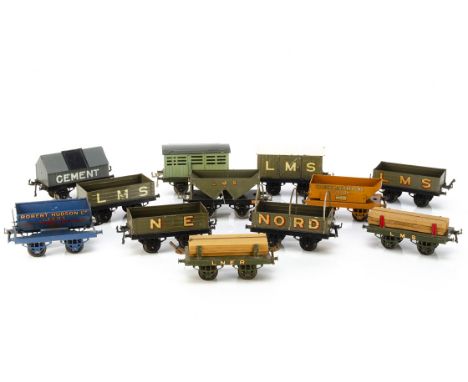 Hornby 0 Gauge 'OAG-base' Freight Stock, including LMS gold-lettered cattle wagon, hopper wagon, open wagon and timber wagon,