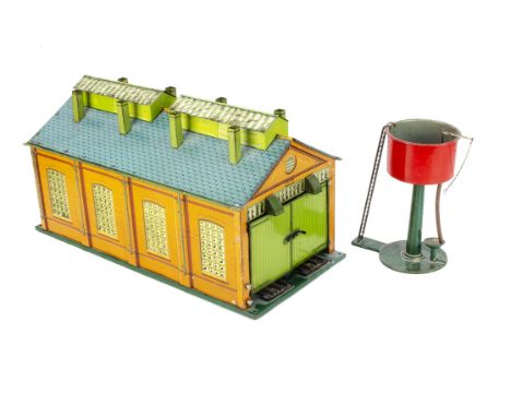 Hornby 0 Gauge 3-rail No E2E Engine Shed and No 2 Water Column, the engine shed with original interior light, VG, lithography