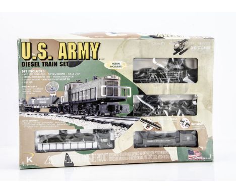 K Line 0/027 Gauge  K-1127 US Army Diesel Train Set, comprising Army green Switcher 3405, Flat Cars with Helicopter, Jeep and