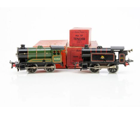 Boxed Hornby 0 Gauge clockwork Locomotives and Tender, a No 51 locomotive and tender, in lined BR green as no 50153, G-VG wit