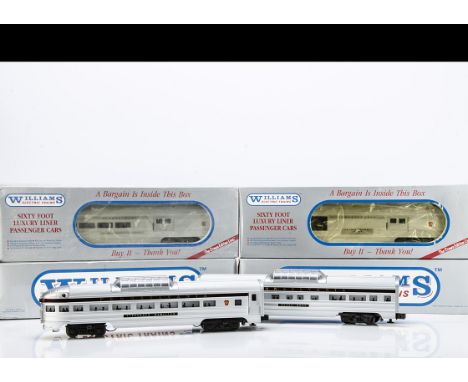 Williams 0 Gauge Pennsylvania 60' Luxury Liner Passenger Coaches, Molly Pitcher', William Penn', both with gold/maroon bandin