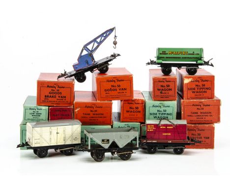 Post-war Hornby 0 Gauge 4-wheeled No 50 Freight Stock, most in original boxes, including Lumber Wagons (2), open wagons (3), 