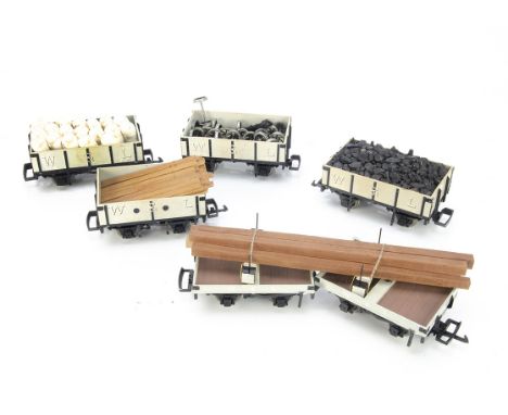 Eleven Scratchbuilt/kitbuilt G Scale Welshpool and LLanfair Goods Rolling Stock, comprising twin 4-wheel timber wagon with lo