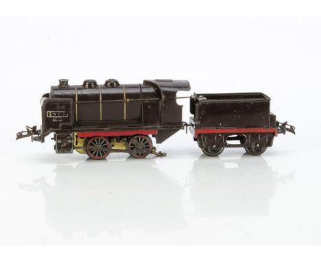 A French Hornby 0 Gauge electric No OE steam Locomotive and Tender, for 20v operation in SNCF (gloss) chestnut brown with red