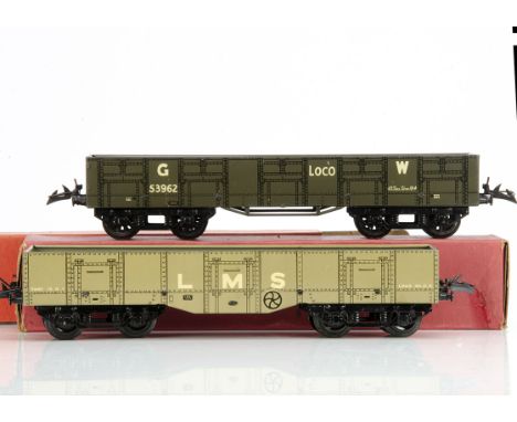 Hornby 0 Gauge boxed No 2 High Capacity and Loco Coal wagons, both with axlebox-fitted bogies, an LMS H-C wagon in light grey