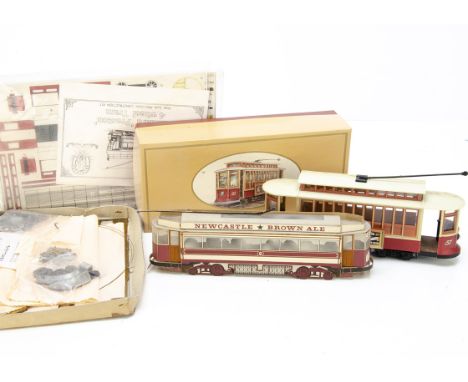 A Collection of 0 Gauge/7mm scale Tram Models, including unmade finescale brass Blackpool Standard car kit by Wistow Models, 