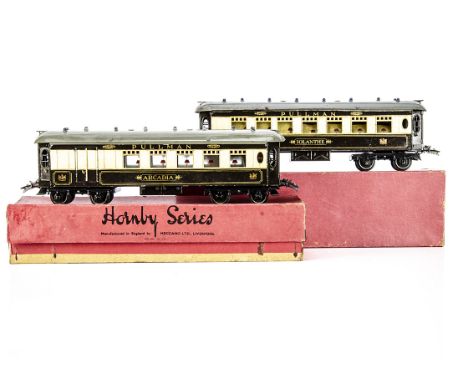 Hornby 0 Gauge No 2 Special Pullman Cars, both in the later 'brown cantrail' style with grey roofs, comprising saloon 'Iolant