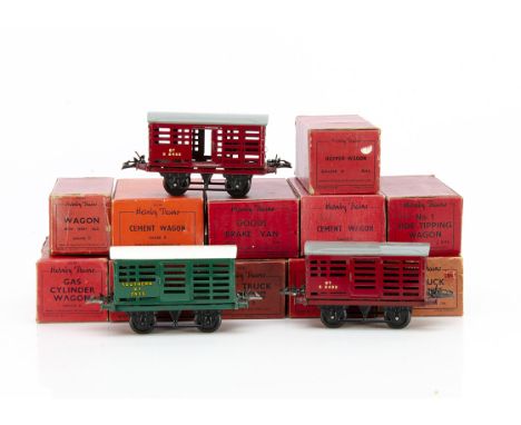 Post-war Hornby 0 Gauge 4-wheeled Freight Stock, original boxed items including 2 Cement wagons, BR refrigerator van, 3 flat 