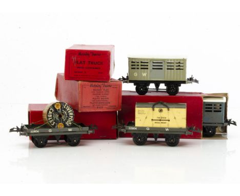 Late Pre-war and early Post-war Hornby 0 Gauge GWR Freight Stock, a circa 1940 light grey No 1 cattle wagon with white letter