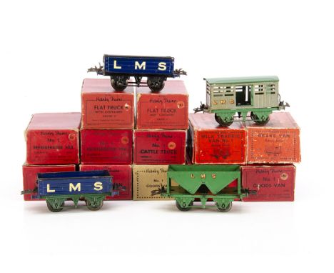 Hornby 0 Gauge LMS 4-wheeled Freight Stock, a dozen in original or similar boxes, including 4 goods vans (1 in 2-48 dated bro