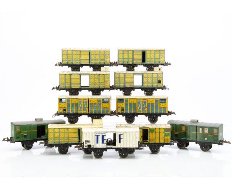 French Hornby 0 Gauge 1S Freight Stock, all lithographed vans, including 2 NORD cattle wagons in blue/yellow, 1 ETAT cattle w