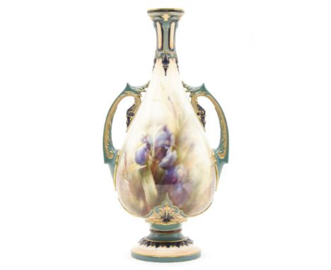 A Hadley's Worcester twin handled vase, painted with a blue iris, with a turquoise blue and gilt border, printed mark, 30cm h