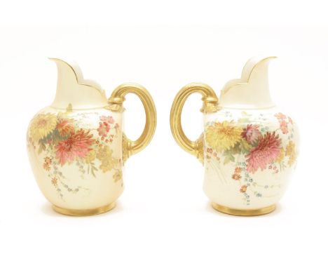 Two large Royal Worcester blush ground jugs, shape no 1094, painted with flowers, 19cm high