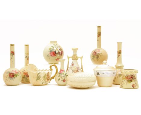 Royal Worcester blush ivory vases, a basket weave pot and cover, jug, etc