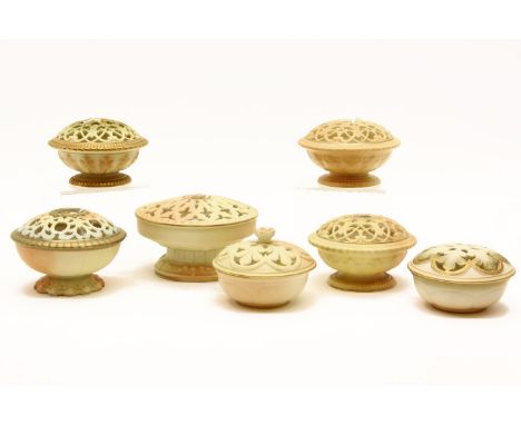 Seven Royal Worcester blush ivory potpourri, largest 12cm diameter