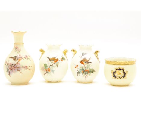 Worcester Locke & Co pair of vases, painted with Robins and holly, another vase, and a small bowl, restored