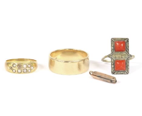 An 18ct gold wedding ring, Birmingham 1903, and a gold two stone red coral cabochon and marcasite finger-line ring, marked 9c