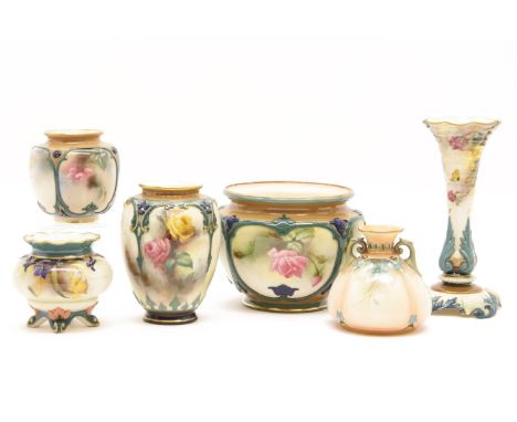 Six items of Hadley's Worcester each piece painted with flowers, 17cm high (6)