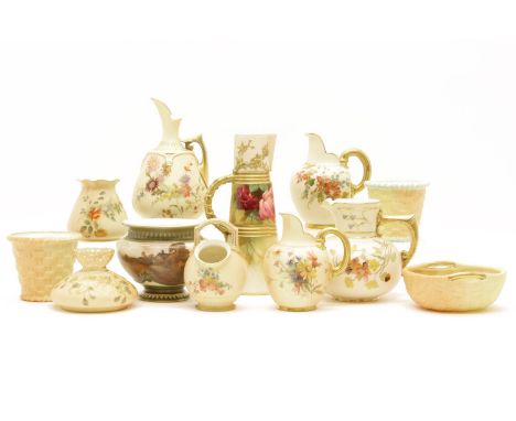 Royal Worcester blush ground jugs and basket weave items