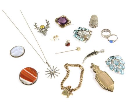 A box of assorted costume jewellery, to include a silver blue agate cabochon brooch, and another circular banded agate brooch