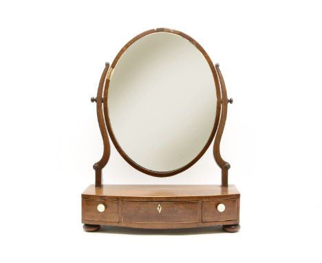A George III inlaid mahogany dressing mirror, with a two drawer bow box base, 52cm tall
