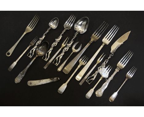 The Bill Brown cutlery collection: silver cutlery, including a modern knife, fork and two spoons with human figure handles, s