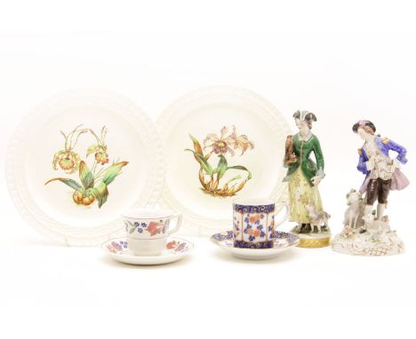 Two 20th century Dresden porcelain figures, one of a falconer, the other a shepherd, together with a small quantity of Spode 