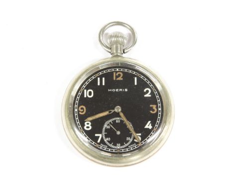 A Moeris military issue pocket watch, the back engraved with the Broad Arrow 'Crows Foot' mark and 'G.S.T.P. 136888'