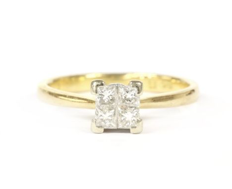 An 18ct gold four stone princess cut diamond square cluster ring, finger size J2.77g