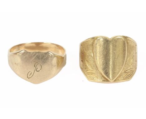 A gentleman's gold signet ring, with heart shaped cartouche, marked 9ct, and another gentleman's signet ring engraved P 7.36g