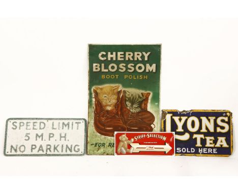 Signs to include: 'Cherry Blossom', 'Lyons Tea Sold Here' and 'Speed Limit', 5mph, and a Steiff sign, largest 48cm x 75cm
