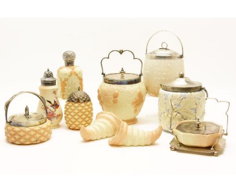 Grainger & Co Worcester biscuit barrels, sifter, silver mounted scent bottle, a pair of wall pockets, etc