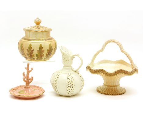 A Grainger & Co blush ivory potpourri, a ring stand, an undecorated reticulated ewer, and a Royal Worcester basket, 14cm high