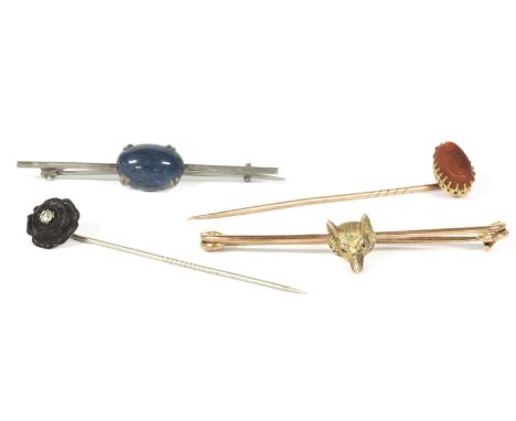 Assorted stick pins and bar brooches, comprising a gold fox head bar brooch with synthetic ruby eyes (pin tested as 9ct gold)