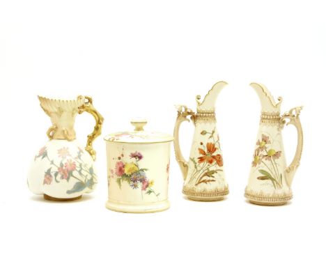 Royal Worcester blush ivory items, three ewers, and a biscuit barrel and cover, 20cm highest