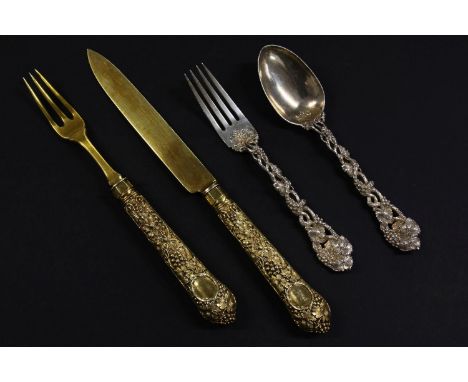 Bill Brown cutlery collection:  a Victorian silver gilt knife and fork, by TC, London 1842, with vine handles (fork end possi