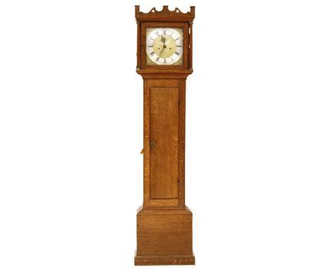 A late George III oak eight day longcase clock, with square brass dial, silvered chapter ring, subsidiary second dial and dat