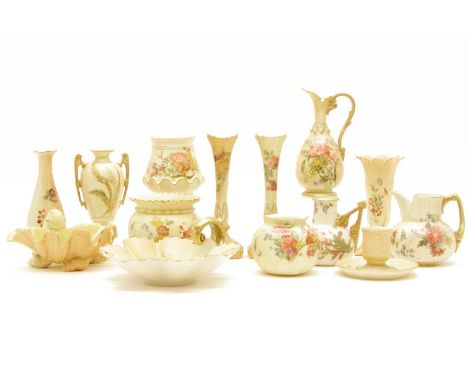 Royal Worcester blush ivory wares, ewers, jugs, vases, dishes, and a candlestick