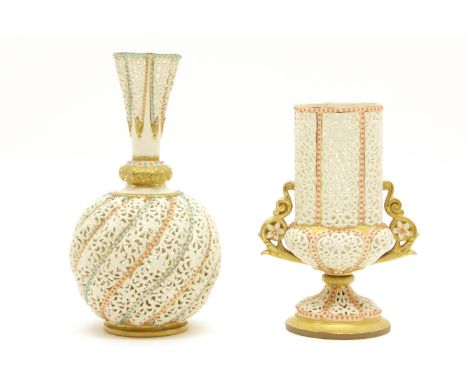 Two Grainger Worcester reticulated vases, each jewelled in pink and turquoise, printed and painted marks, 1/2000 and 1/1965, 