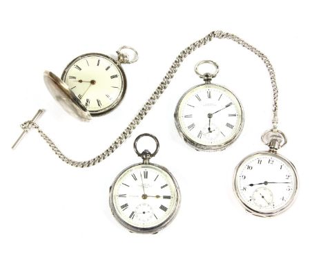 Four silver cased pocket watches, comprising: a Rolex open face (dial cracked) with silver Albert chain; 'Kay's Perfection Le