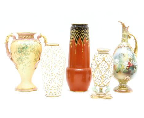 A Royal Worcester twin handled vase, all orange ground vase, another unmarked vase, probably Continental, and two pierced vas