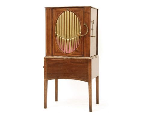 A chamber barrel organ, 19th century, with mahogany case and 'organ pipe' front, with  pinned wooden barrels, the Scottish tu