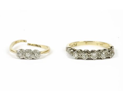 A gold five stone diamond ring, marked 18ct and PLAT, together with a gold three stone illusion set diamond ring marked 18 an