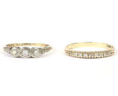 A gold three stone illusion set diamond ring, and a 9ct gold diamond half eternity ringtotal 3.31g