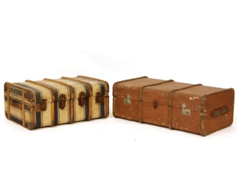 A striped canvas covered trunk, 76cm wide, together with one further, 90cm wide (2)