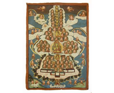 A Tibetan Thangka, decorated with figures seated on the trunk and limbs of a tree, with an inscription to the reverse