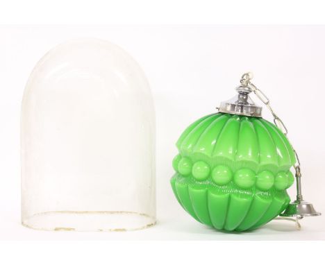 A 1960's style chrome and green glass lobed hanging light, 32cm tall, together with a glass dome, 40cm tall