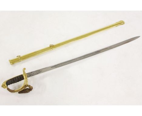 An 1845 pattern Victorian infantry officer's sword, with brass guard and scabbard, the fullered blade with crowned 'VR' each 
